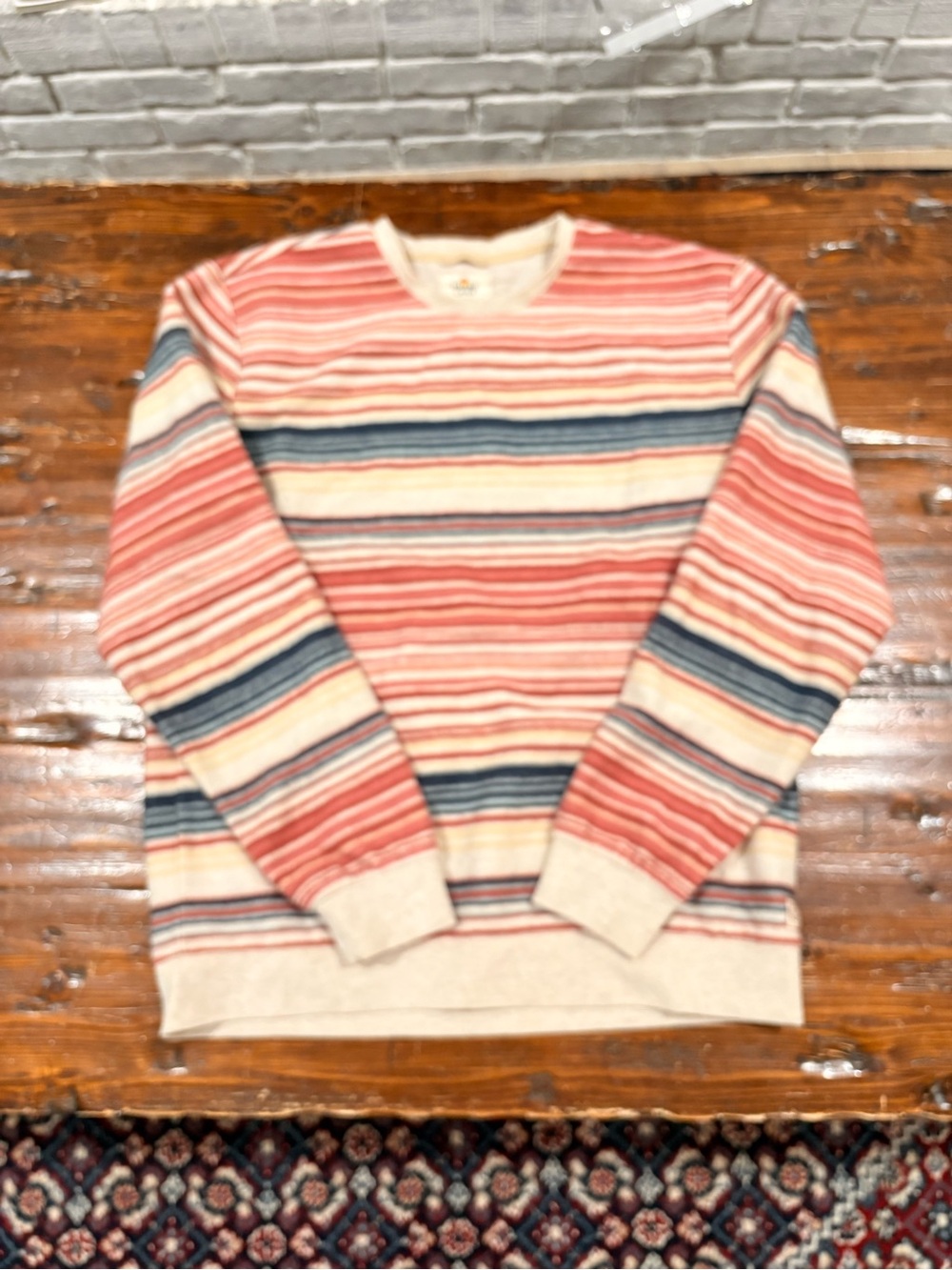 Marine Layer Striped Crewneck Sweater in Coral, Navy & Cream Medium